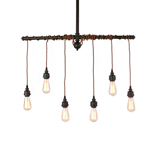 Vintage 6-Light Tubing Pendant Lamp Black Finish With Hanging Bulb - Indoor Ceiling Light Fixture