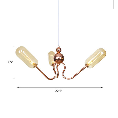 Copper Industrial Chandelier With 3 Clear/Amber Glass Lights For Dining Room Pendant