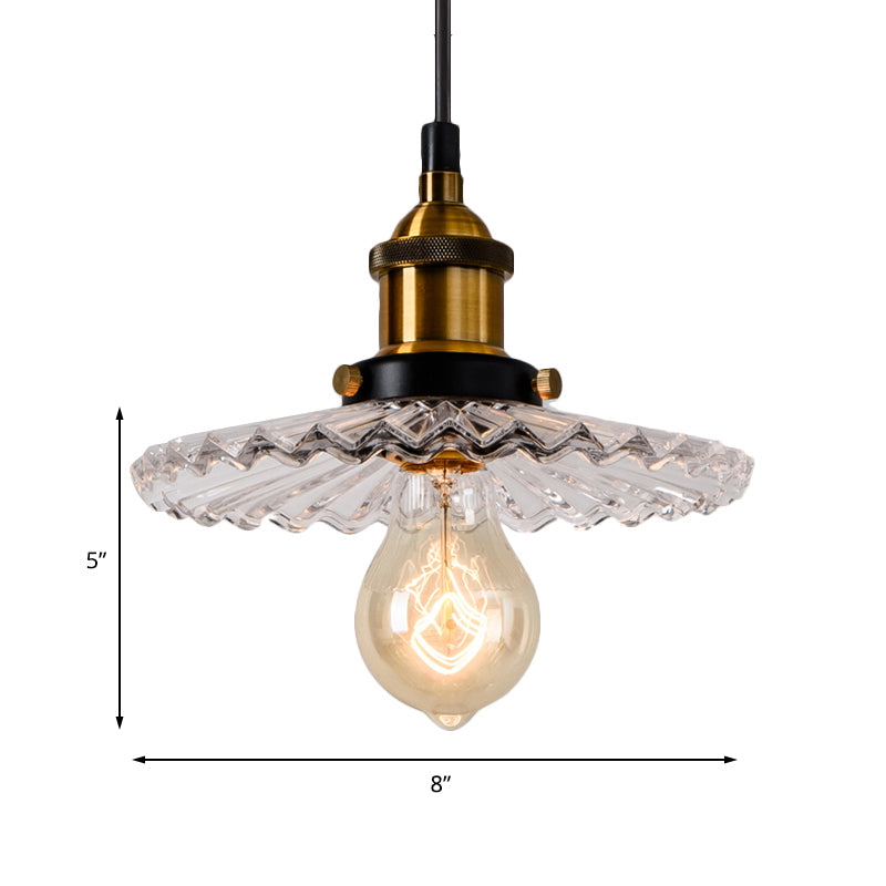 Industrial Ribbed Glass Cone Hanging Lamp - Brass Pendant Light For Indoor