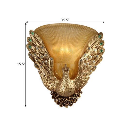 Amber Ribbed Glass 1-Head Gold Wall Sconce With Peacock Design - Bell Shape Lighting For Sitting