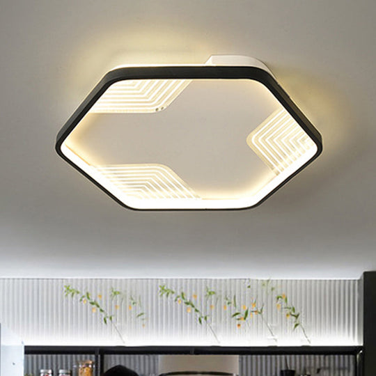 Simple Black Led Ceiling Lamp - Kitchen Flush Mount With Acrylic Hexagon Shade In Warm/White Light