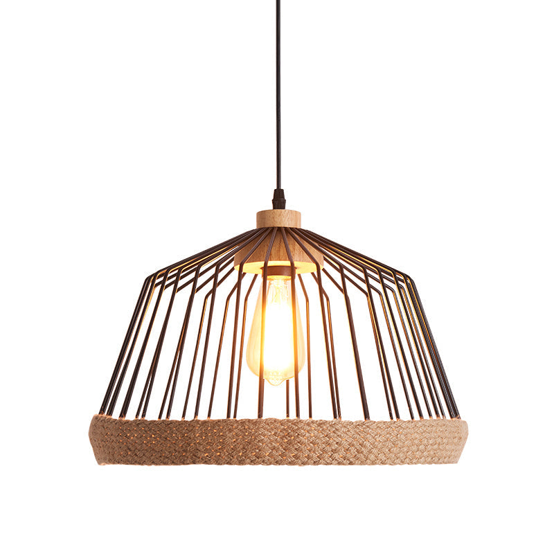 Vintage Style Black Wire Cage Ceiling Fixture - 1 Light Kitchen Hanging Lamp With Rope