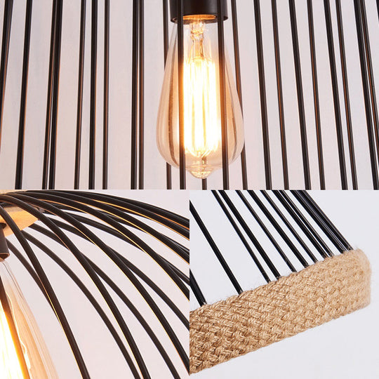 Vintage Style Black Wire Cage Ceiling Fixture - 1 Light Kitchen Hanging Lamp With Rope