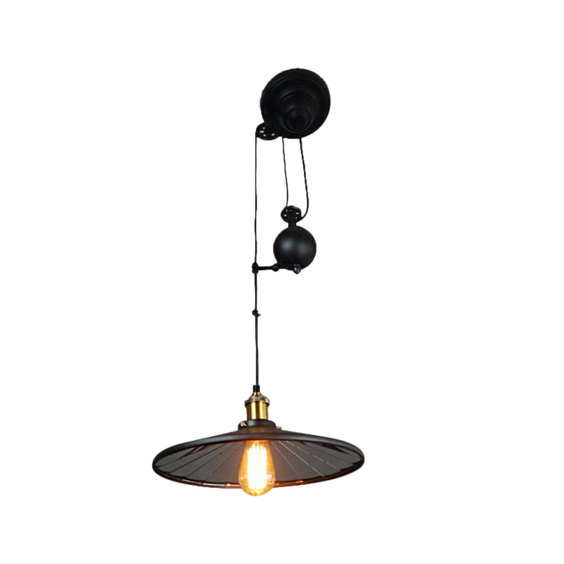 Vintage Retro Black Metal Suspension Lamp With Conic Shade - Pulley Ceiling Fixture