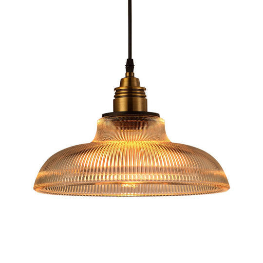 Farmhouse Style Brass Dome Pendant Light With Ribbed Glass Shade For Living Room Ceiling