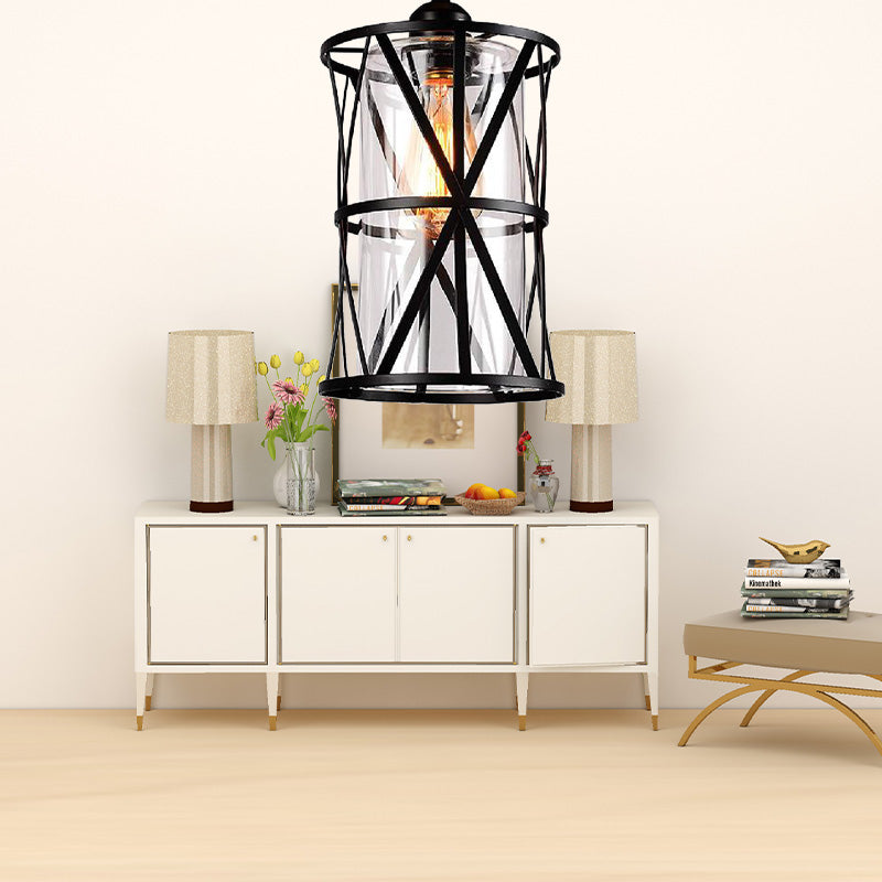 Antique Black Cylinder Pendant Light With Clear Glass/Fabric Shade - Elegant Living Room Ceiling