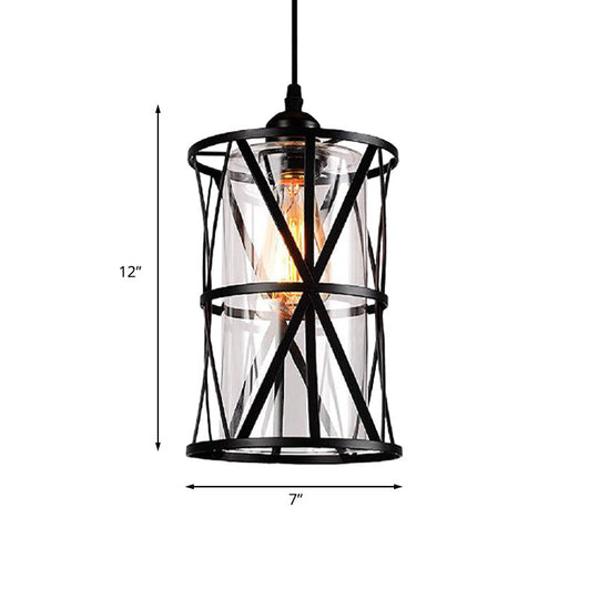 Antique Black Cylinder Pendant Light With Clear Glass/Fabric Shade - Elegant Living Room Ceiling