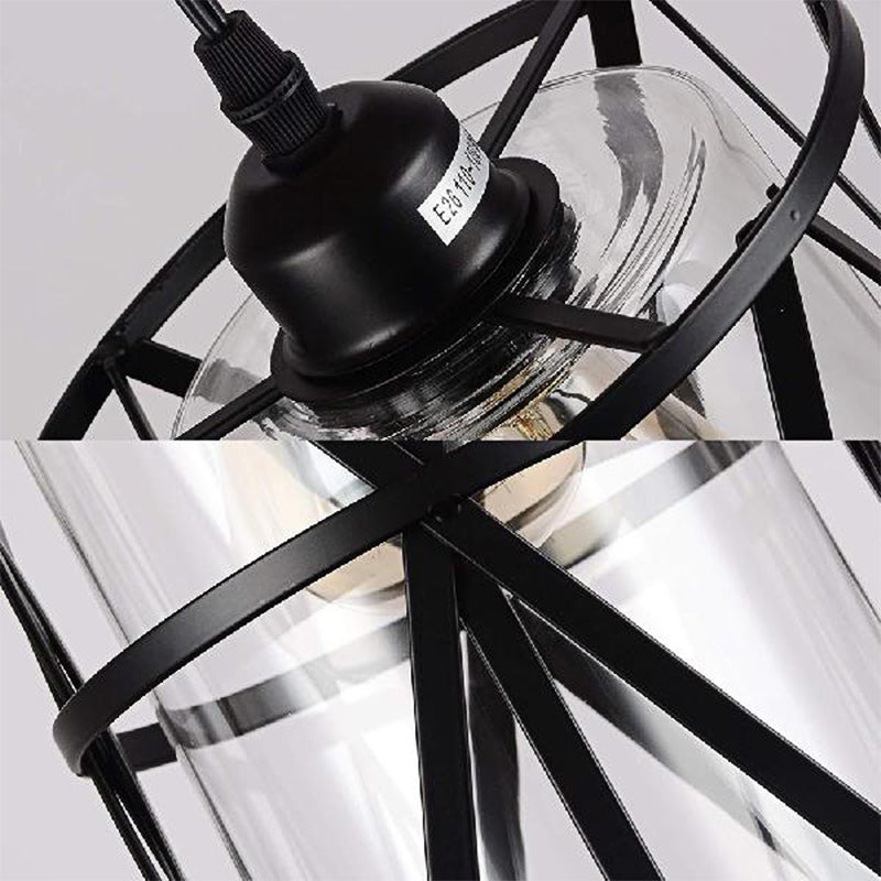 Antique Black Cylinder Pendant Light With Clear Glass/Fabric Shade - Elegant Living Room Ceiling