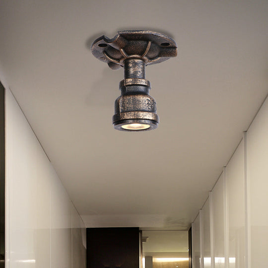 Rustic Industrial Antique Brass Water Pipe Ceiling Light With 1 Metal Semi Flush Mount - Perfect