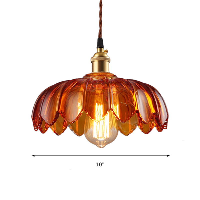 Vintage Amber Glass Scalloped Pendant Light For Corridors - Single Bulb Available In 3 Widths