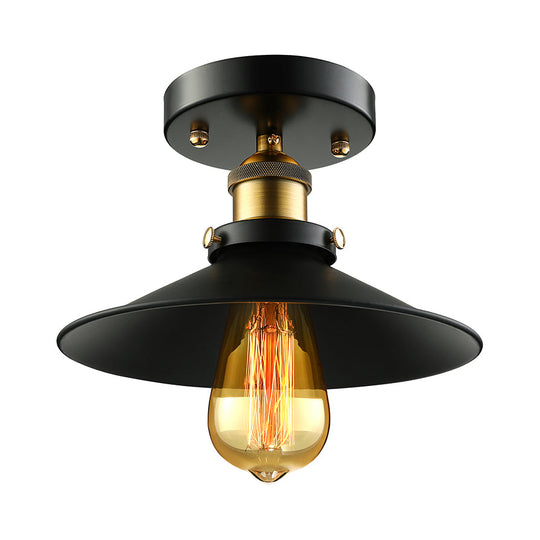 Retro Metallic Semi Flush Mount Ceiling Light - Black/Rust Cone Shade 1 Head Close To Lighting For