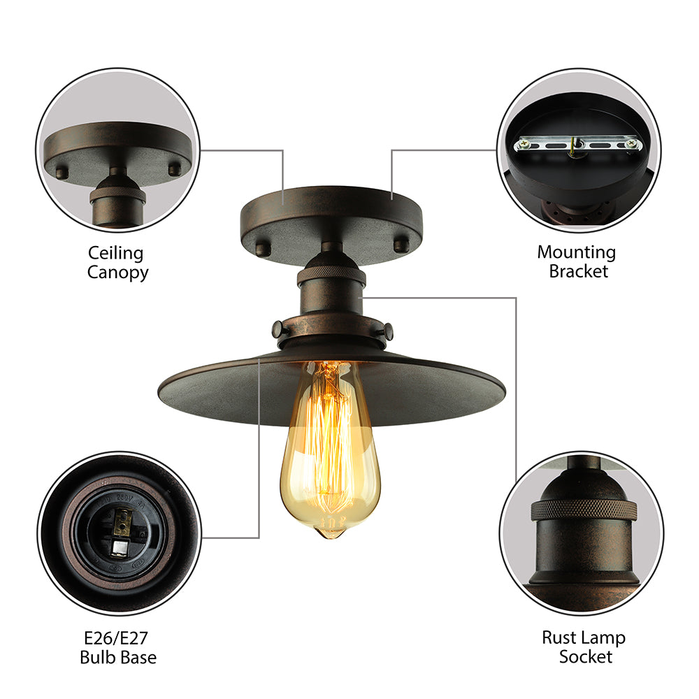 Retro Metallic Semi Flush Mount Ceiling Light - Black/Rust Cone Shade 1 Head Close To Lighting For