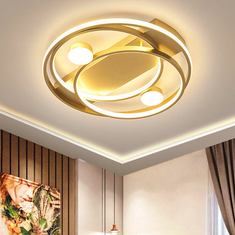 Gold Metallic Led Bedroom Ceiling Light Fixture - Contemporary Crossing Ring Design (16/19.5 Width)