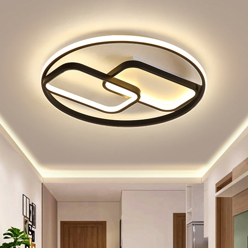 Nordic Style Metal Flush Mount Lamp - Ring And Rectangle Design Led Black Ceiling Light