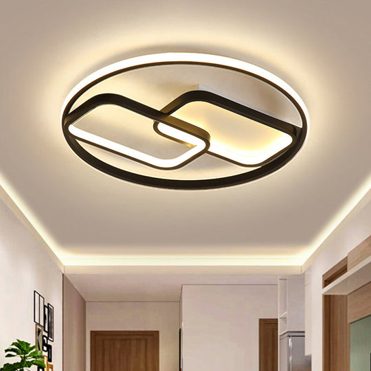 Nordic Style Metal Flush Mount Lamp - Ring And Rectangle Design Led Black Ceiling Light (16.5/20.5W)
