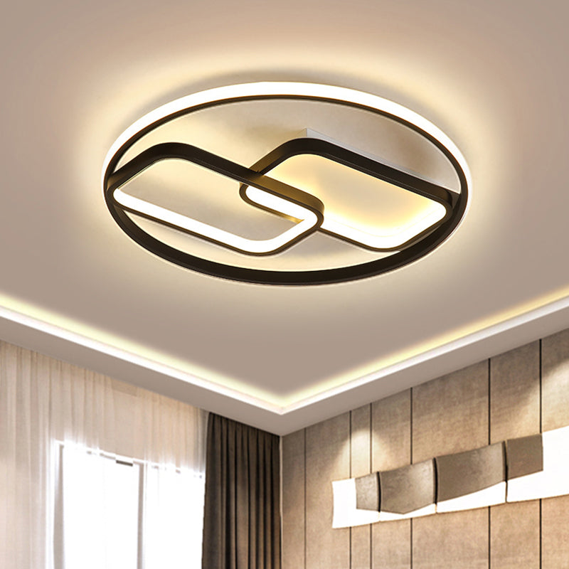 Nordic Style Metal Flush Mount Lamp - Ring And Rectangle Design Led Black Ceiling Light (16.5/20.5W)
