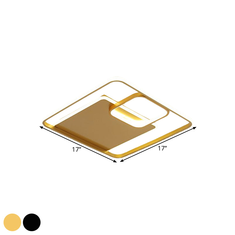 Minimalist Iron Black/Gold Led Ceiling Fixture - Square Flush Mount Lighting In Warm/White Light