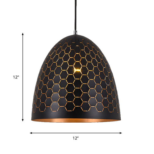 Domed Drop Pendant Light - Factory Black Metal Suspension With Honeycomb Pattern 10’/12’/16’ Wide