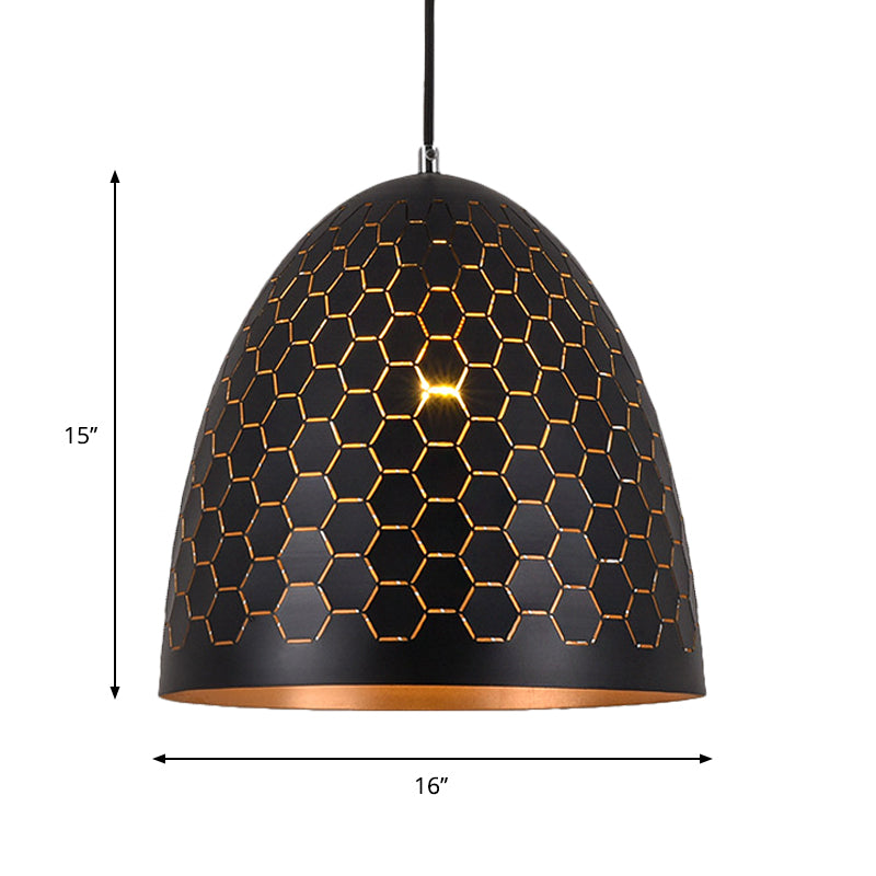 Domed Drop Pendant Light - Factory Black Metal Suspension With Honeycomb Pattern 10’/12’/16’ Wide