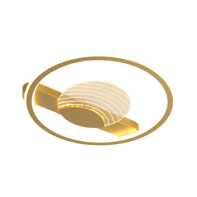 Modern Minimalistic Ceiling Lamp: Metallic Circle And Line Design Led Flush Mount Fixture For