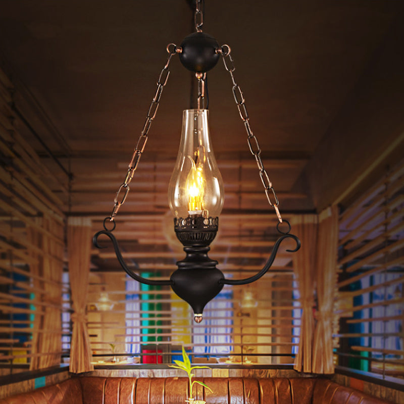 1-Head Farmhouse Pendant Lamp Kit With Chain Decor – Clear Glass Elongated Design Black Finish