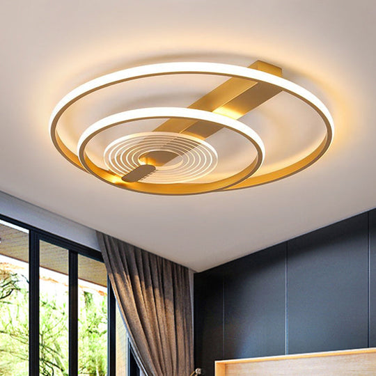 Contemporary Metal Flush Mount Led Gold Ceiling Lighting - Double Ring 16’/19.5’ Wide