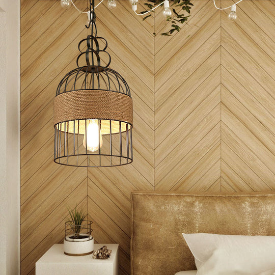 Black Metal & Rope Bird Cage Pendant Lamp For Restaurants