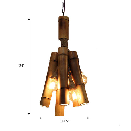 Industrial Beige Wood Tube Hanging Lamp With Three Lights For Restaurant And Bedroom