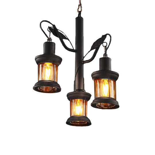 Coastal Lantern Pendant Chandelier - 3-Light Ceiling Fixture With Clear Glass In Black