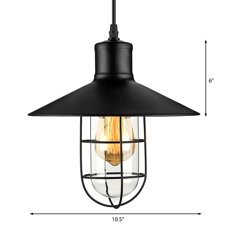 Nautical-Style Wire Guard Pendant Lighting: 10.5’/11’/14.5’ Wide Black Cone Metal Ceiling