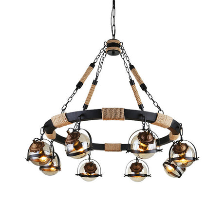 Farmhouse Globe Chandelier Lamp With Amber Glass Shade In Black For Restaurant - 6/8 Lights Rope