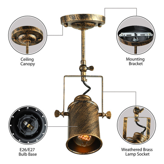 Vintage Style Bronze/Gold Finish Semi Flush Mount Ceiling Light With Cylindrical Shade – Ideal