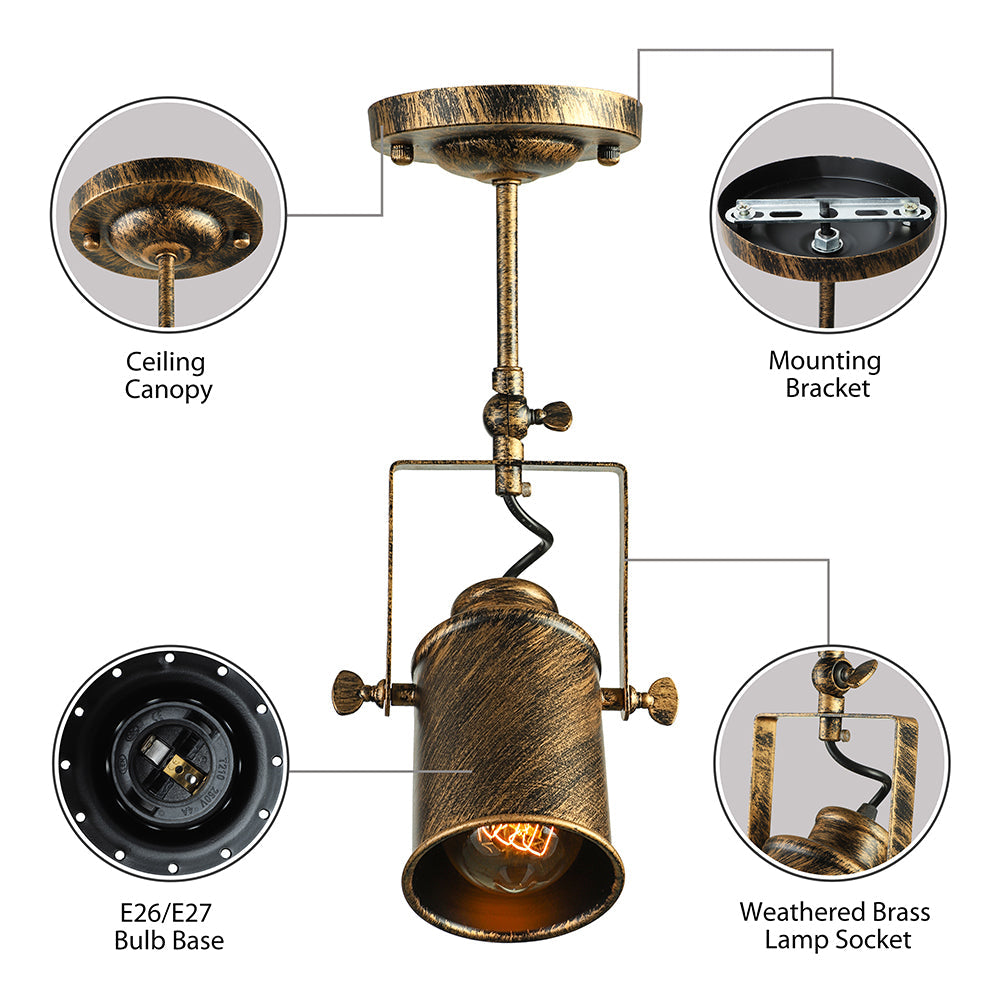 Vintage Style Bronze/Gold Finish Semi Flush Mount Ceiling Light With Cylindrical Shade Ideal For