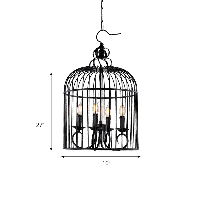 Farmhouse Birdcage Design Hanging Chandelier Lamp - 4-Head Metallic Fixture With Candle In Elegant