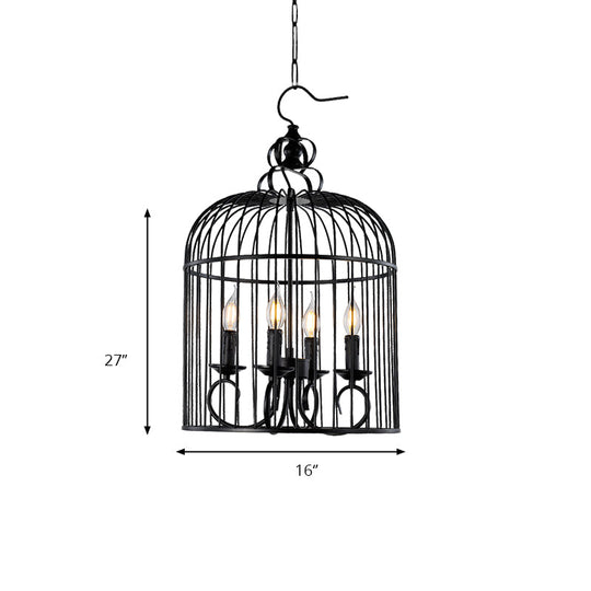 Farmhouse Birdcage Design Hanging Chandelier Lamp - 4-Head Metallic Fixture With Candle In Elegant