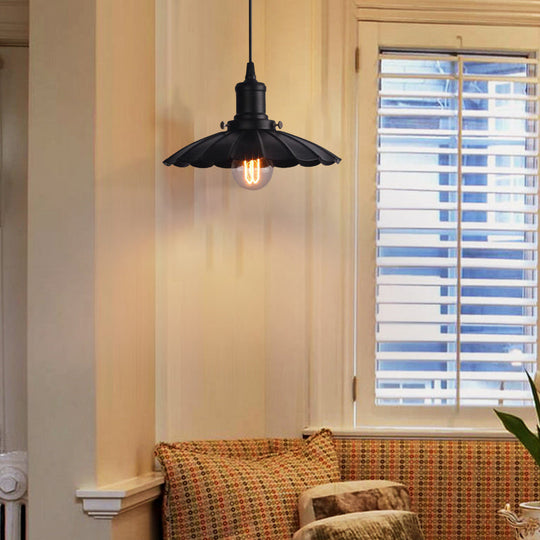 Vintage Industrial Black Scalloped Hanging Lamp - Metal Indoor Ceiling Light Fixture (10/12