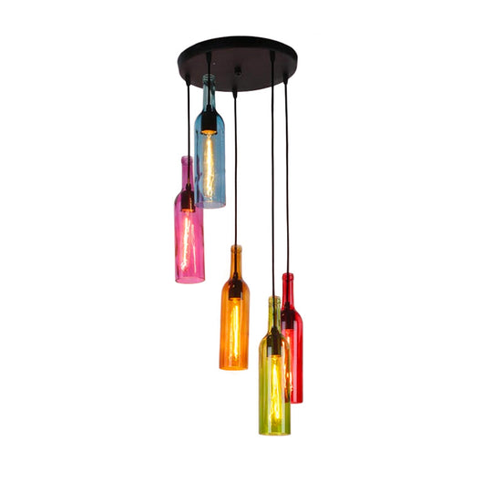Industrial 3/5-Head Glass Wine Bottle Hanging Light For Restaurants - Black Pendant Lamp With