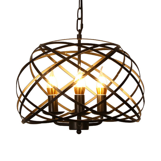 Vintage Open Cage Hanging Light With 3 Candle Chandelier Heads - Stylish & Elegant Black Design