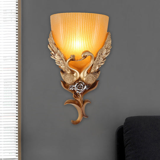 Rustic Amber Glass Wall Sconce With Swan And Flower Design - Gold Single Head Tapered Lighting