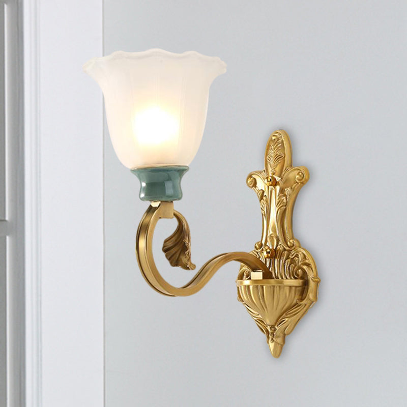 Milky Glass Brass Wall Sconce With Ginkgo Leaf Decor - Traditional Scroll Arm Lighting Fixture 1 /