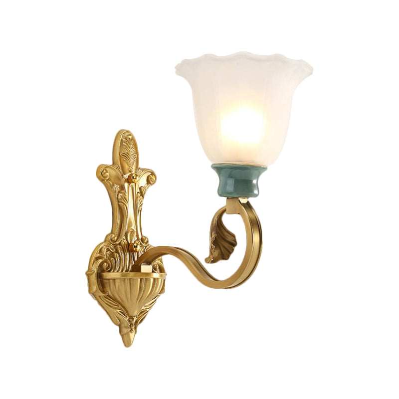 Milky Glass Brass Wall Sconce With Ginkgo Leaf Decor - Traditional Scroll Arm Lighting Fixture