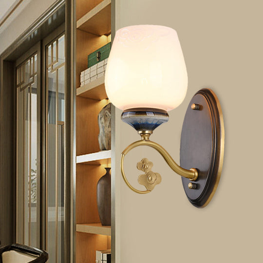 Vintage Flower Bud Sconce Light: Cream Glass Wall Mounted Lighting With Single Bulb In Black