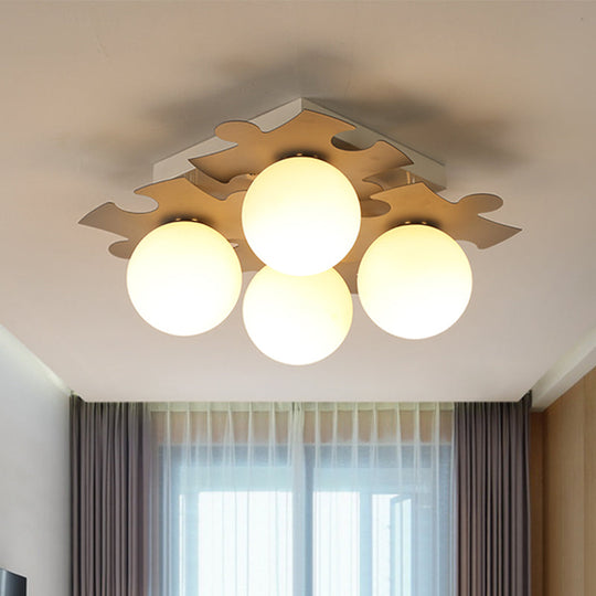 Modern White Glass Semi Flush Mount With Jigsaw Puzzle Decor - 4 - Bulb Light In Grey/Green Grey