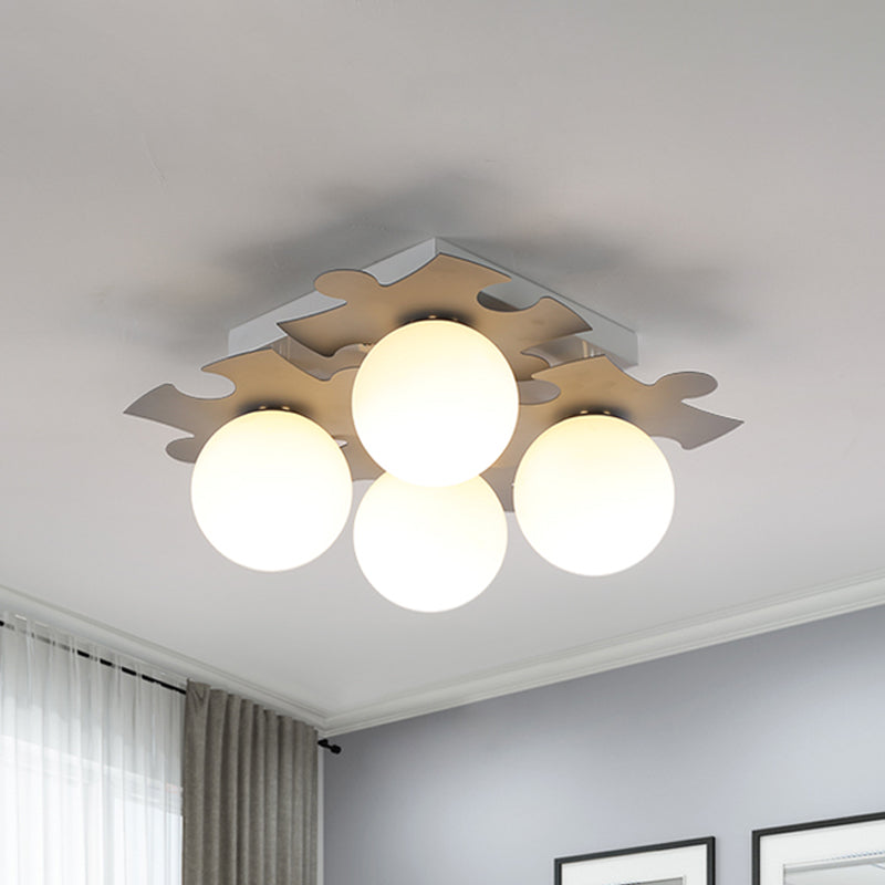 Modern White Glass Semi Flush Mount With Jigsaw Puzzle Decor - 4 - Bulb Light In Grey/Green