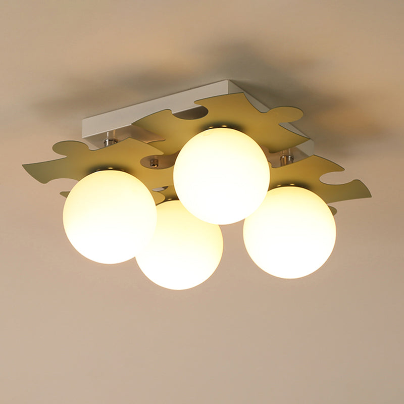 Modern White Glass Semi Flush Mount With Jigsaw Puzzle Decor - 4 - Bulb Light In Grey/Green