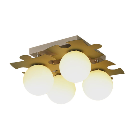 Modern White Glass Semi Flush Mount With Jigsaw Puzzle Decor - 4 - Bulb Light In Grey/Green