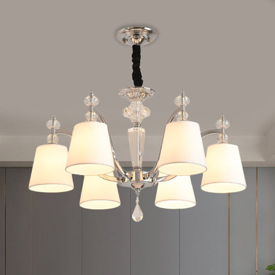 Modern Fabric Chandelier Light Fixture With Crystal Drop - Conic Design Chrome Suspension 3/6 Heads