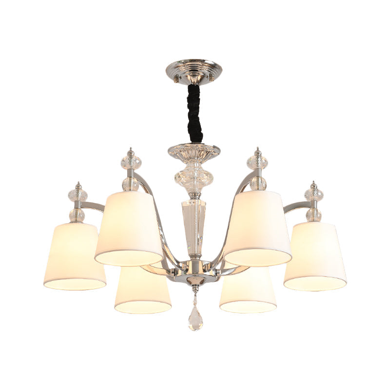 Modern Fabric Chandelier Light Fixture With Crystal Drop - Conic Design Chrome Suspension 3/6 Heads
