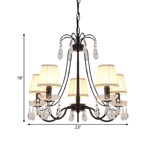 Black Modernist Cone Hanging Chandelier - Fabric 5/6/8 Bulbs Restaurant Down Lighting With Crystal
