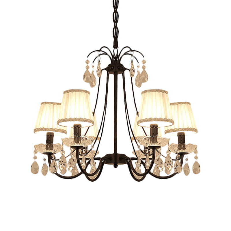 Black Modernist Cone Hanging Chandelier - Fabric 5/6/8 Bulbs Restaurant Down Lighting With Crystal